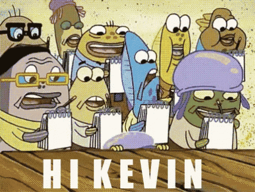 a group of cartoon characters holding notebooks with the name hi kevin on the bottom right