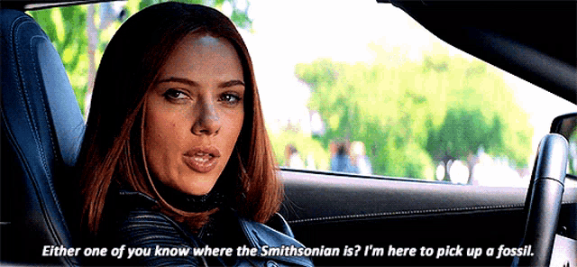 a woman is sitting in a car with the words either one of you know where the smithsonian is