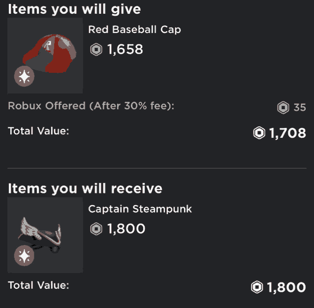 a screenshot of items you will give and items you will receive from roblox