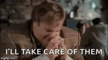 a man in a suit is covering his face with his hands and saying `` i 'll take care of them ''