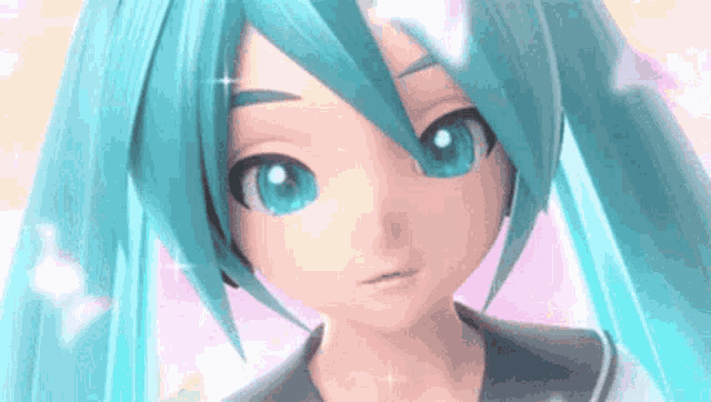 hatsune miku is a very cute anime girl with blue hair and big blue eyes .