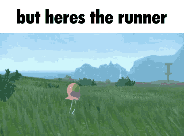 a cartoon of a flamingo in a field with the words but heres the runner above it