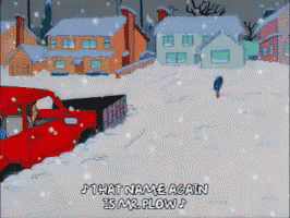 a cartoon of a red truck in the snow with the words that name again is mr. flow