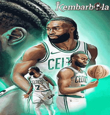 a celtics basketball player holding a basketball on a green background