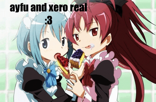 two anime girls are eating cupcakes with the words ayfu and xero real written above them