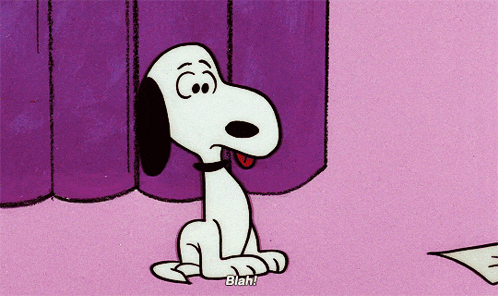 a cartoon of snoopy with his tongue hanging out and the words blah