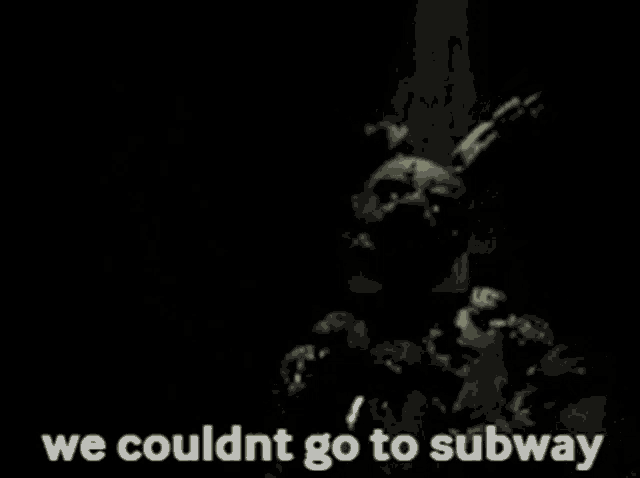 a black and white photo of a rabbit with the words `` we couldn t go to subway '' .