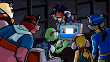 a group of cartoon characters are looking at a computer monitor
