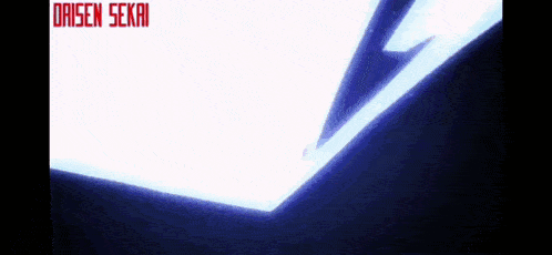 a close up of a lightning bolt with the words daisen sekai in red letters