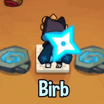 a cartoon character is holding a blue star and the word birb is on the bottom of the screen .