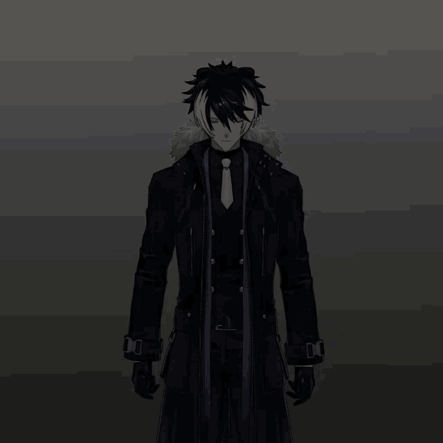 a man in a black coat and tie with a purple ribbon around his neck