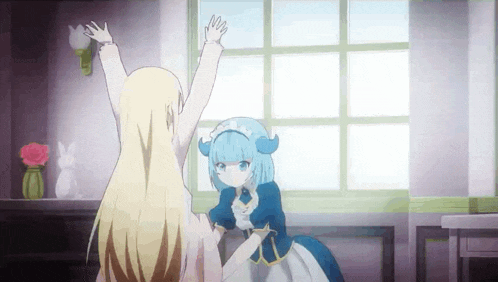 two anime girls are standing next to each other in front of a window .