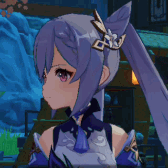 a close up of a girl with purple hair and a ponytail