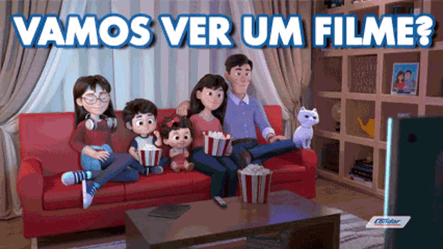 a family is sitting on a couch watching a movie with the words vamos ver um filme