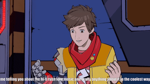 a cartoon character is talking about the hi-fi rush lore