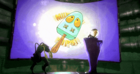 a cartoon character is standing in front of a screen that says ' mid pops ' on it