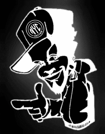 a black and white drawing of a man with nyc rhythm on his hat