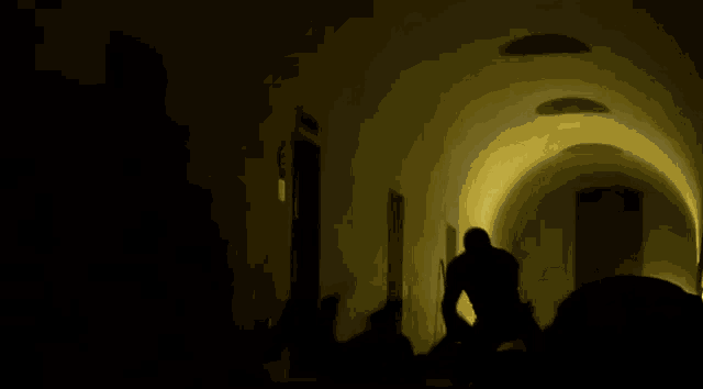 a silhouette of a man walking down a dark hallway with a light shining on him .