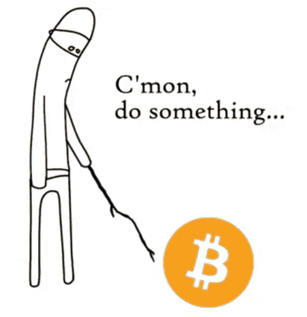 a drawing of a man holding a stick next to a bitcoin sign