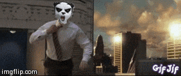 a man wearing a panda mask and tie is running in a city