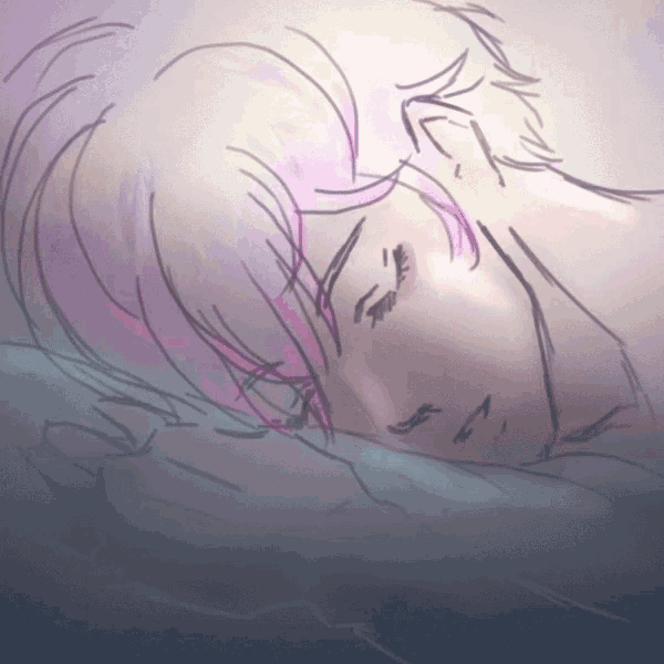 a drawing of a person with pink hair sleeping