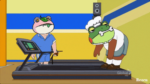 a cartoon of two frogs on a treadmill that says global hd