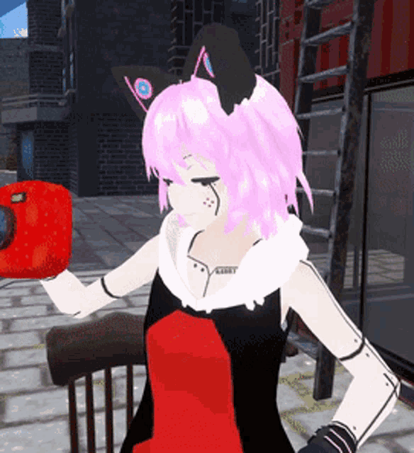 a girl with pink hair and black ears is holding a red apple