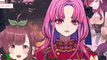 a girl with pink hair and red eyes has a way to end xd on her screen