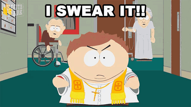a cartoon character says i swear it in front of an elderly man in a wheelchair