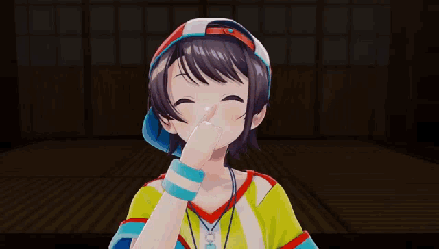 a 3d anime girl covering her nose with her hand in a room