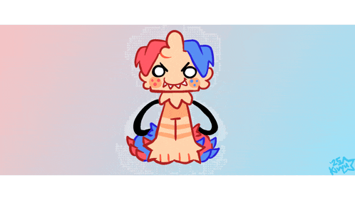 a cartoon character with red and blue hair and a letter t on his chest