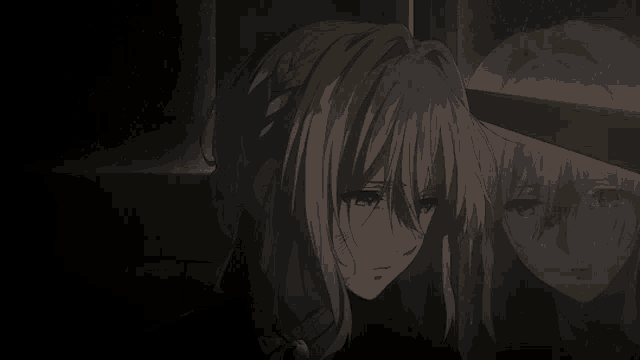 a girl with long hair and blue eyes is looking at her reflection in the mirror