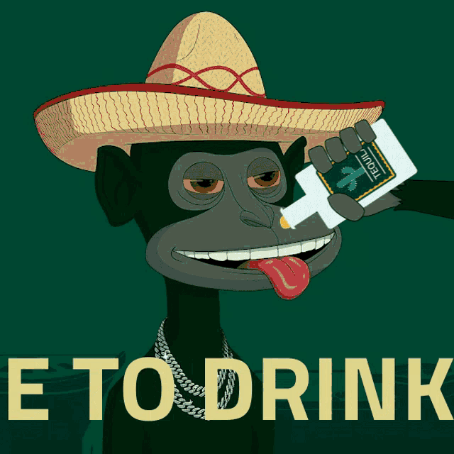a monkey wearing a sombrero and holding a bottle of tequila