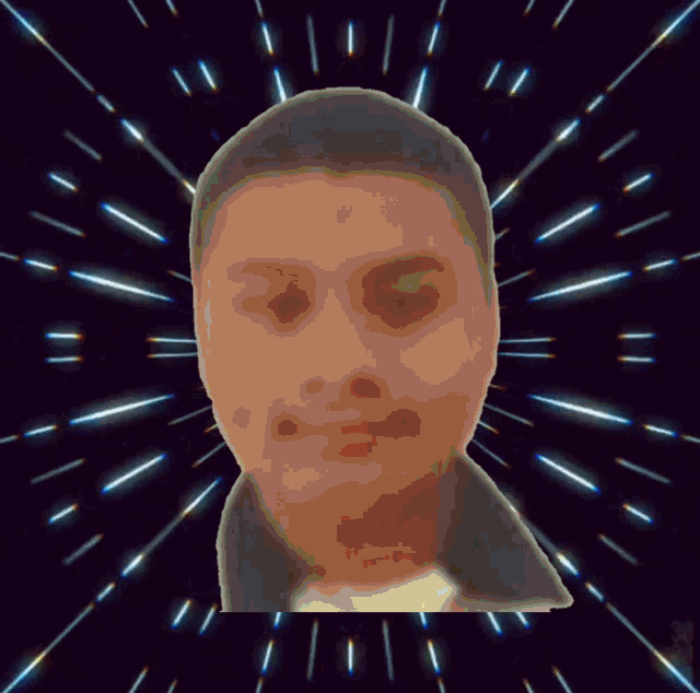 a man 's face is surrounded by glowing lights in a dark background
