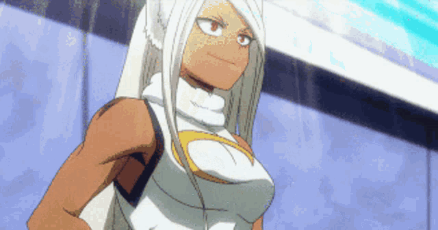 a female anime character with white hair and a yellow emblem on her chest