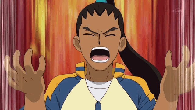 a cartoon character with a ponytail is screaming in front of a tv screen that says tokyo