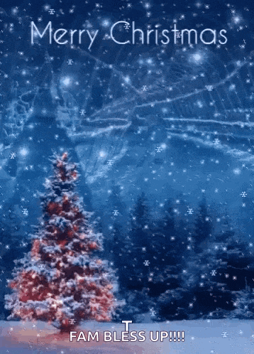 a christmas card with a christmas tree in the snow