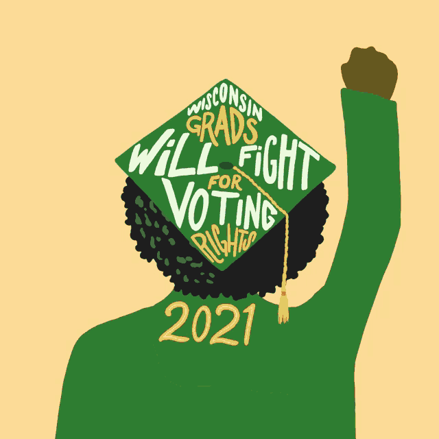 a woman wearing a wisconsin graduation cap that says will fight for voting rights
