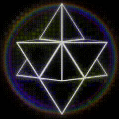 a glowing geometric shape with a rainbow in the background .