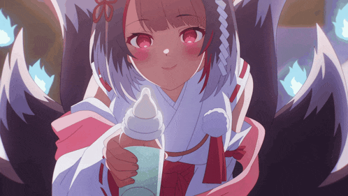 a drawing of a girl with red eyes holding a baby bottle