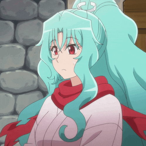 a blue haired anime character with red eyes and a scarf around her neck