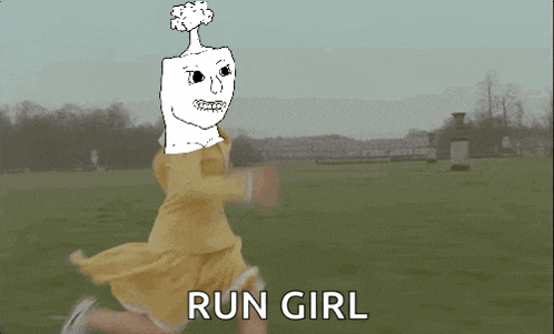 a woman in a yellow dress is running in a field with the words run girl written below her