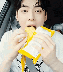 a man in a car is eating a bag of chips