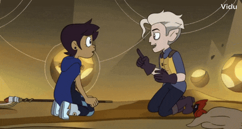 a cartoon of a man kneeling down next to a boy with the words " vidu " on the bottom right