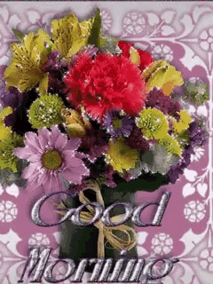 a bouquet of flowers on a purple background with the words " good morning "
