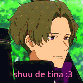 a close up of a person with the words shuu de tina 3