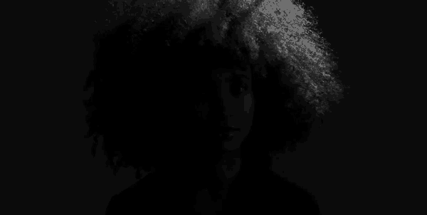 a black and white photo of a woman with a big afro .