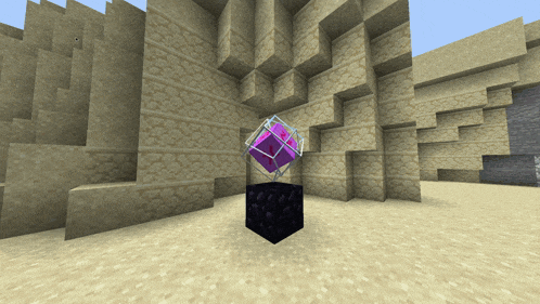 a purple cube is on a black block in a minecraft world