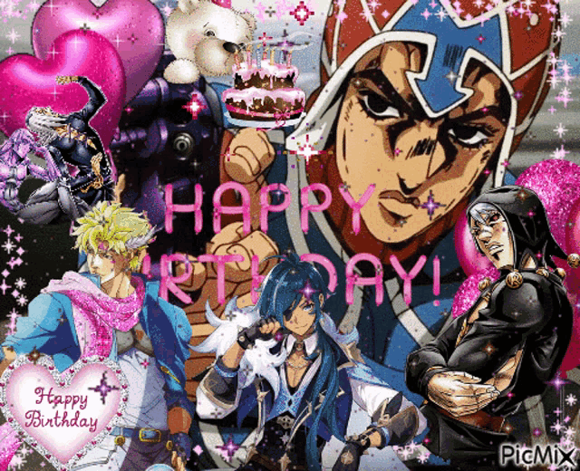 a collage of anime characters with the words happy birthday written in pink