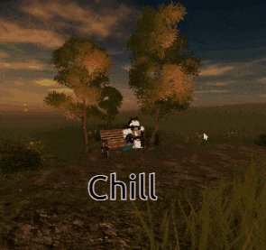 a person sitting on a bench in a field with the word chill written on the bottom